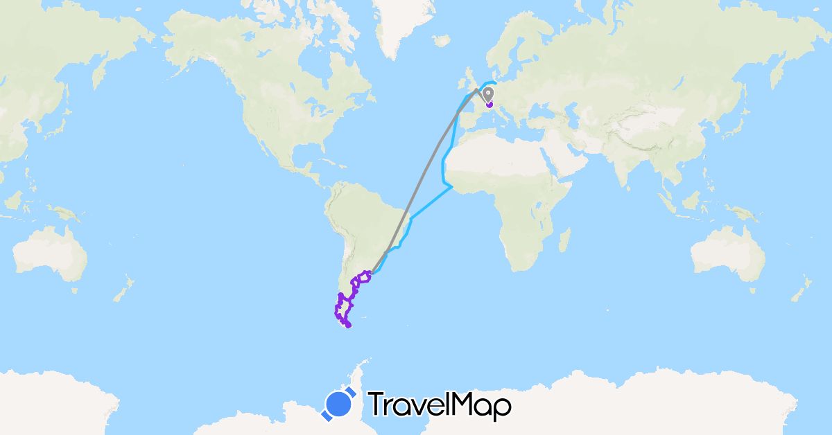 TravelMap itinerary: driving, plane, boat, camping car iveco daily 4x4 (amsud 1) in Argentina, Belgium, Brazil, Switzerland, Chile, Germany, France, Uruguay (Europe, South America)