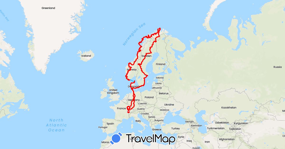 TravelMap itinerary: driving, boat, camping car vw lt-31 westfalia florida in Switzerland, Germany, Denmark, Norway, Sweden (Europe)