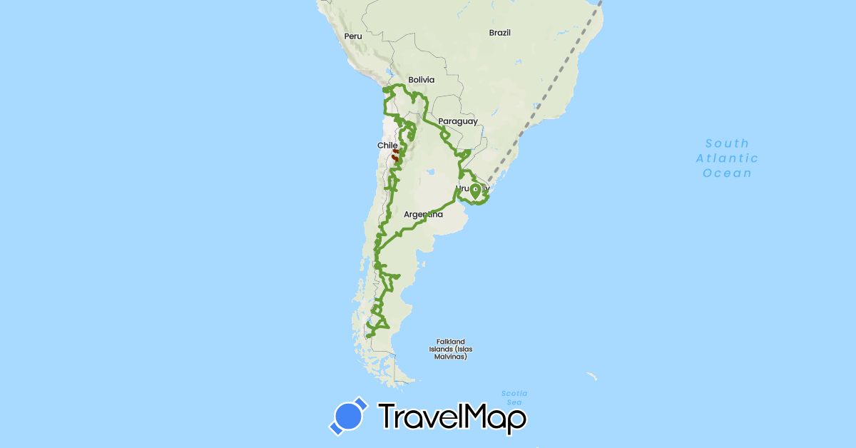 TravelMap itinerary: plane, camping car iveco daily 4x4 (amsud 2), taxi, chauffeur/guide - véhicule 4x4 in Argentina, Bolivia, Switzerland, Chile, Spain, Uruguay (Europe, South America)