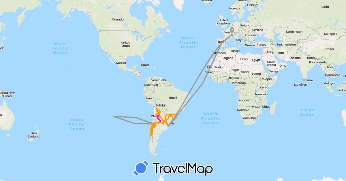 TravelMap itinerary: driving, bus, plane, taxi, chauffeur/guide - véhicule 4x4, camping car iveco daily 4x4 (amsud 3), a pied, circuit en compagnie de sonia et camille in Argentina, Bolivia, Brazil, Switzerland, Chile, Spain, Paraguay, Uruguay (Europe, South America)