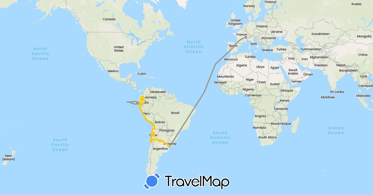 TravelMap itinerary: plane, hiking, boat, taxi, camping car iveco daily 4x4 (amsud 4) in Argentina, Switzerland, Chile, Ecuador, Spain, Peru, Uruguay (Europe, South America)